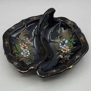 Vintage Black Divided Dish Hand Painted Moriage Flowers Handle Gold Trim Japan
